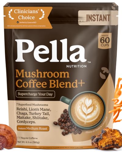 Pella Nutrition Instant Mushroom Coffee Powder - Regular Caffeine, 60 Cups