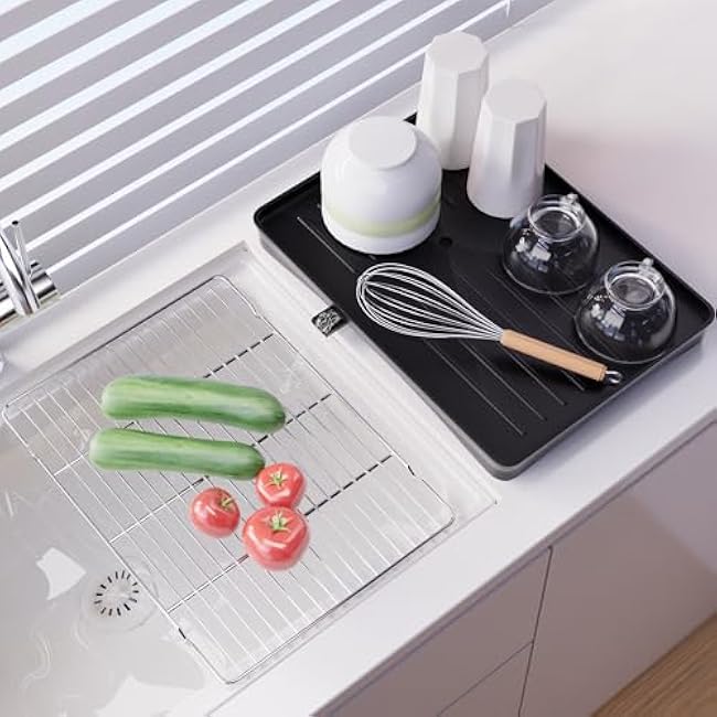 304 Stainless Steel Dish Drying Rack- Space-Saving Dish Rack, Dish Racks for Kitchen Counter, Fruit and Vegetable Drain,11.8''W x 16.5''L, Black