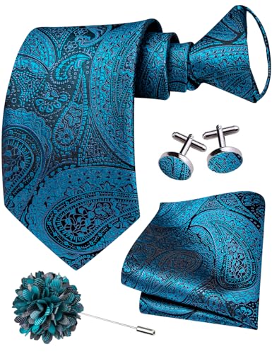 Image of Hi-Tie Zipper Ties for Men Pre-tied Tie Set Lapel Pin Pocket Square and Cufflinks Formal Business Wedding Adjustable Necktie