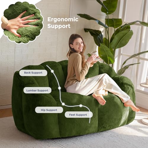 Image of MAXYOYO Bean Bag Chair for Adults, Loveseat Floral Shaped Bean Bag Sofa, Ultra Soft Love Seat Mini Sofa Couch, Faux Fur Reading Chair for Living Room Bedroom, Green