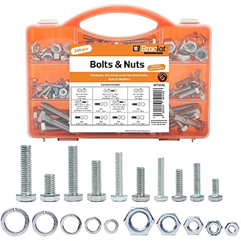 Brackit Nut & Bolt Set 240 pc - Includes Machine Bolts, Lock Washers and Hex Nuts - For Repair, Assembling, Maintenance and Construction Cover