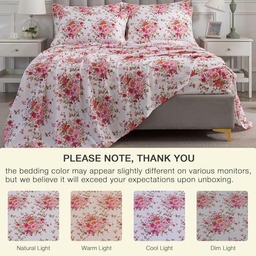 Image of Shabby Floral Chic Bed Sheets Queen Size 100% Cotton 4Pcs Set, Vintage Pink Red Flower Patterned Deep Pocket Fitted Sheet Set, Soft Percale White Boho Bedsheets, Cute Garden Bedding