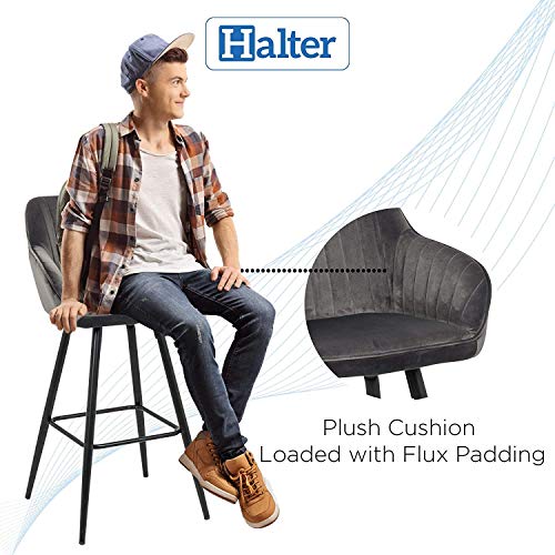 Halter Bar Stool with Back Support and Footrest, Upholstered Modern Bar Stools for Kitchen Counter, Plush Grey Fabric and Black Metal Frame, Kitchen Stools for Island or Counter, 40 Inch, (2 Pack).
