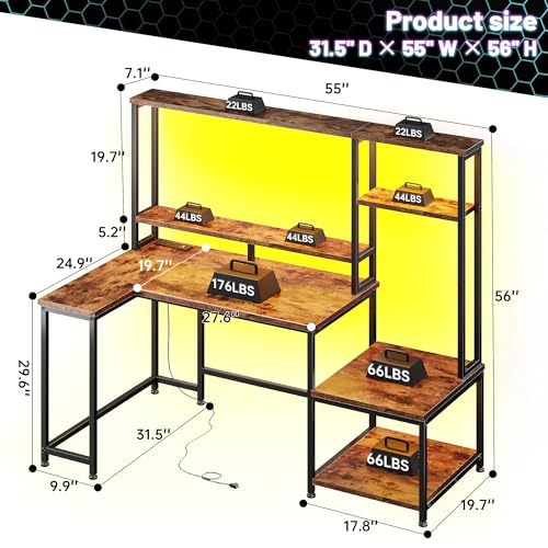 Image of DurayLoly Computer Desk with Hutch,Power Outlets and RGB Light to Protect Eyes,Teen Desk with Shelves for Bookshelf,Reversible Workstation with Printer Space and Monitor Stand for Small Room,Brown