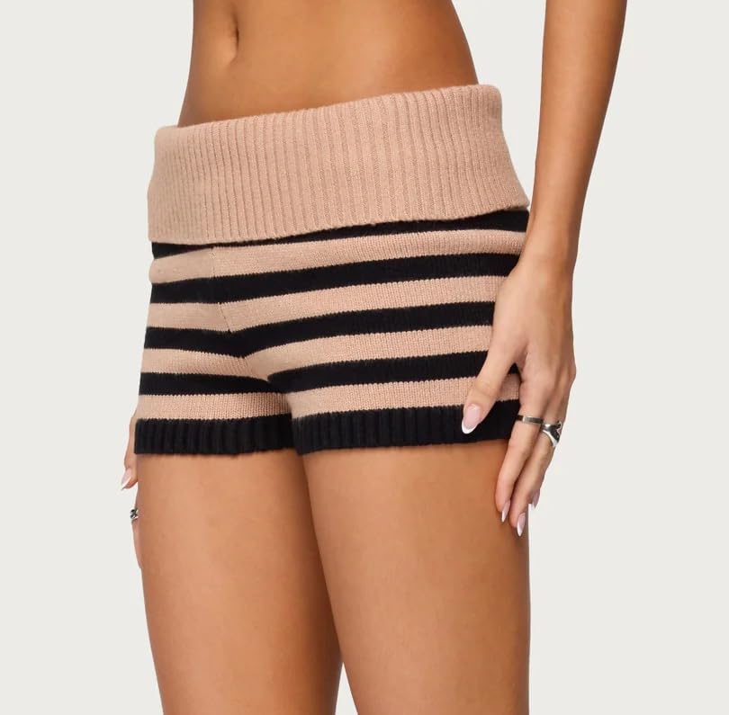 DSORVICD Women Striped Knit Micro Shorts Fold Over Elastic Waist Slim Fit Mini Bottom Y2k Lounge Sweater Shorts - Image 2