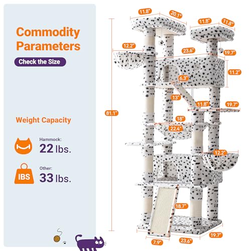 Image of Allewie 81 Inches Tall Cat Tree /Multi-Level Large Climbing Tree House and Towers for Big Feline /Condo and Hammock /Scratching Post /Wide Base /White & Black Spot