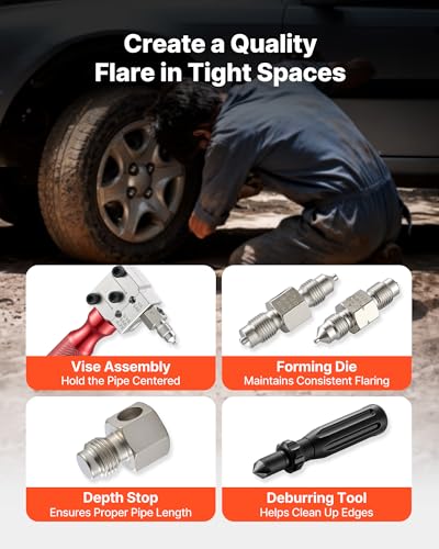 Image of VEVOR Brake Line Flaring Tool Kit, 45 Single & Double Flare Tool for 3 /16 inch, 1 /4 inch Copper Tubing - with 2 Forming Dies, Deburring Tool & Toolbox for Automotive Brake Hydraulic Line Repair