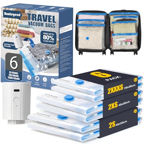 BoxLegend 6PCS Sacs de Rangement Sous Vide pour Voyage et avec Pompe Électrique - 2*45x55+ 2*40x50+ 2*35x40cm Épais et Imperméables, Adaptés aux Valises et...