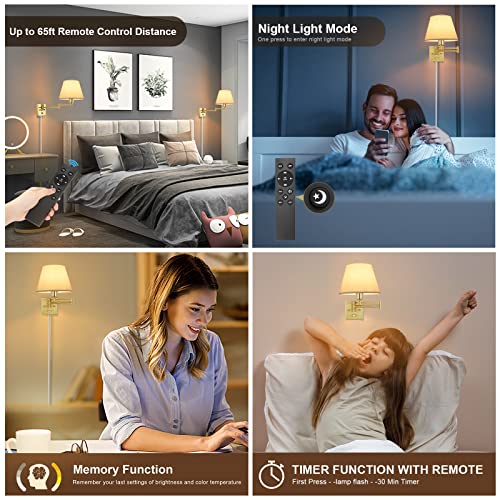 Image of TRLIFE Dimmable Wall Sconce, Remote Control Dimming 10-100% and Adjustable Color Temperature 2700K-6500K Brushed Brass Swing Arm Wall Lights with Plug in Cord, 9.4 inch Medium White Shade(2 Pack, 2 Bulbs)