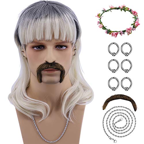 Tiger King Joe Exotic Wig Costume Set for Men (Flower Headband - 6 Earrings - Mustache - Choker - Wig) (Set A)
