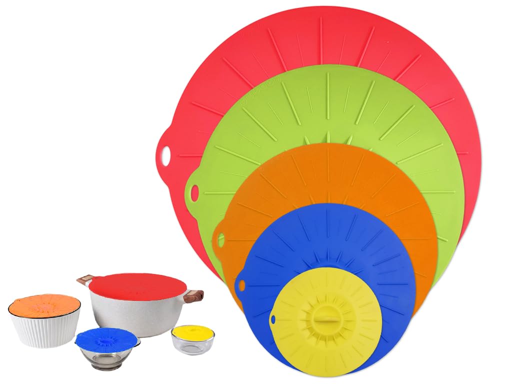 Hitopin 5 Pieces Silicone Suction Lids, Silicone Dustproof Cover, Silicone Lids Covers, Silicone Stretch Lids, for Bowls, Plate, Pots, Pans - Stove Top, Oven, Fridge and Freezer Safe- 5 Sizes