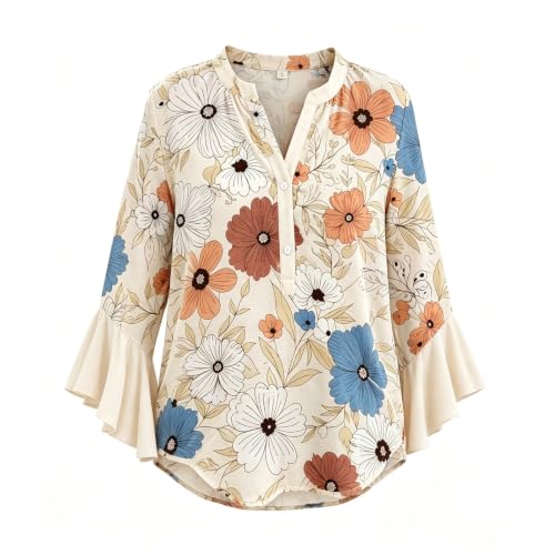 Boho Floral Printed Ruffle Bell Sleeve Tops Casual V-Neck Blouses - image 3