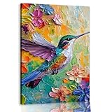 Colorful Hummingbird Canvas Wall Art Print, Oil Flower Bird Poster Painting Wall Decor, Hummingbird Picture for Wall Living Room Bathroom Bedroom Home Decoration 12 * 18 in Framed
