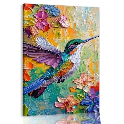 Colorful Hummingbird Canvas Wall Art Print, Oil Flower Bird Poster