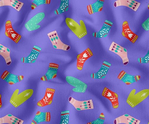 Image of Soimoi Purple Cotton Canvas Fabric Socks & Gloves Folk Art Print Fabric by the Meter 42 Inch Wide