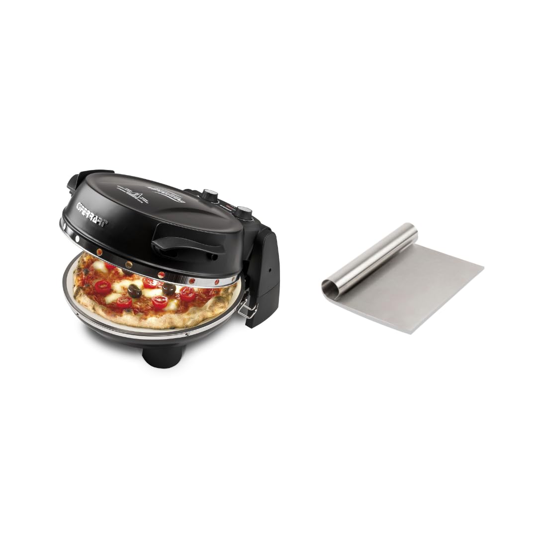G3 Ferrari G10032 Forno Pizza Pizzeria Snack Napoletana Forno Pizza Plus Evo, Doppia Pietra Refrattaria, con Ricettario e Palette inclusi, Nero+ R10006RS Raschietto Porzionatore INOX