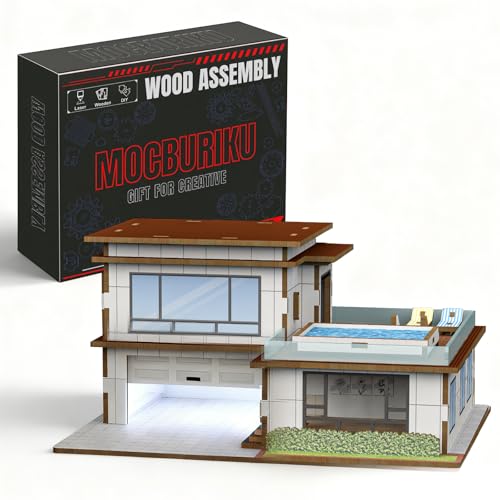 MOCBURIKU 1/64 Wooden Diorama Kit for Diecast Car, Display Case Garage Compatible with Hot Wheels, Built-in LED Lights, Maximum 3 Car Capacity (Villa)