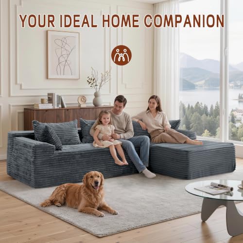 Image of Korser 108 inch L-Shaped Modular Sectional Sofa with Chaise, Boneless Comfy Corduroy Fluffy Couch with Deep Seat and Side Pockets, Flexible Module Combination for Living Room, No Assembly, Side Pockets