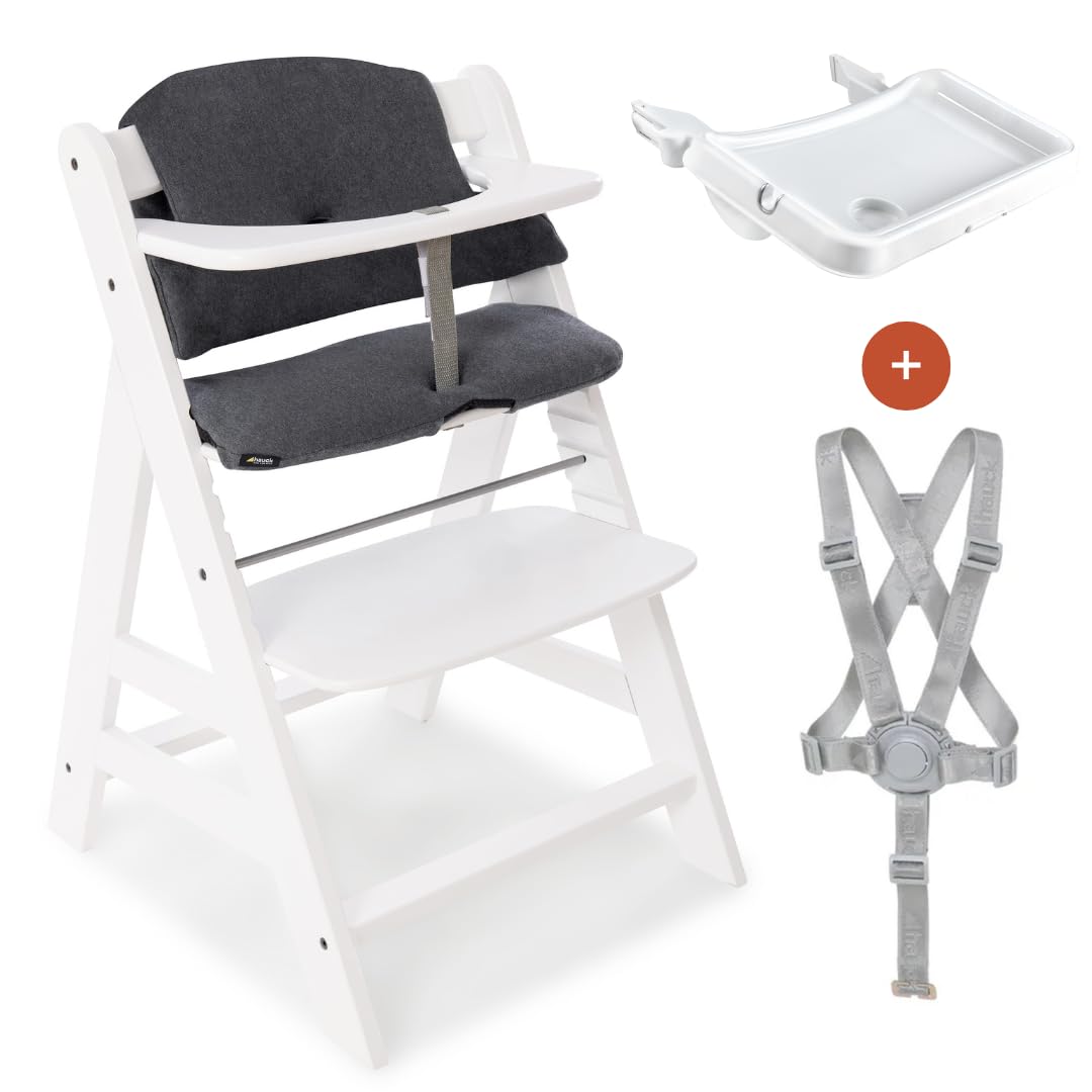 Hauck Seggiolone Alpha Plus Evolutivo in Legno - Con Vassoio Alpha Tray e Cuscino di Seduta - Regolabile, da 6 Mesi - (Bianco)