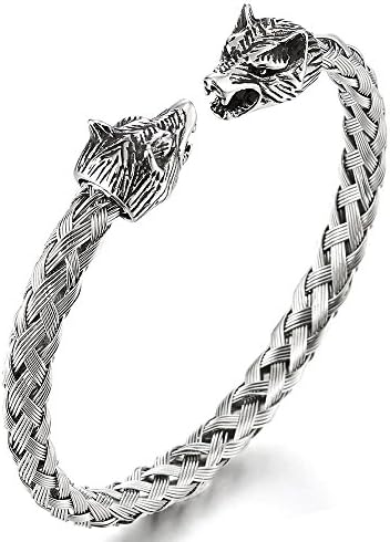 COOLSTEELANDBEYOND Mens Wolf Head Bracelet Steel Braided Cable Bangle Cuff Bracelet Silver Color Polished, Adjustable