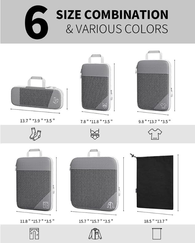 Simplify Living Compression Packing Cubes for Travel, Simplify Living Bags, 5 Set Compressible, Waterproof, Lightweight, Space-Saving Packing Cubes, Travel Essentials for Women and Men (Blue) 6