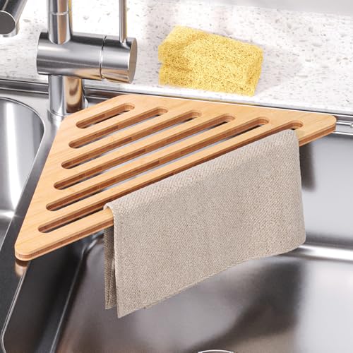 VERTORGAN Dish Drying Rack for Sink Corner,Over The Sink Bamboo Dish Drainer Drying Rack,Dish Drainer Mat for Kitchen,Sink Accessories(Natural)
