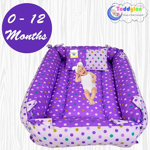 Image of Toddylon Baby Bed Bedding Set for New Born Baby | Bed Mattress | Mosquito Net | Neck | | Cotton | Travel Bed | Essentials | Toddlers | Infants | Baby Boy Girl (0-12 Months) Purple