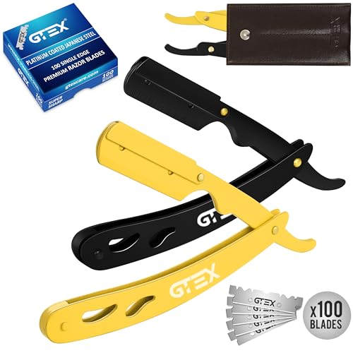 2 Straight Razor For Men (Yellow Black), 100 GTEX Premium Blades (Japanese Steel) - 2Pack Straight Edge With 100 Platinum Blades - Navajas Para Barbero - Barber For Men, Beard