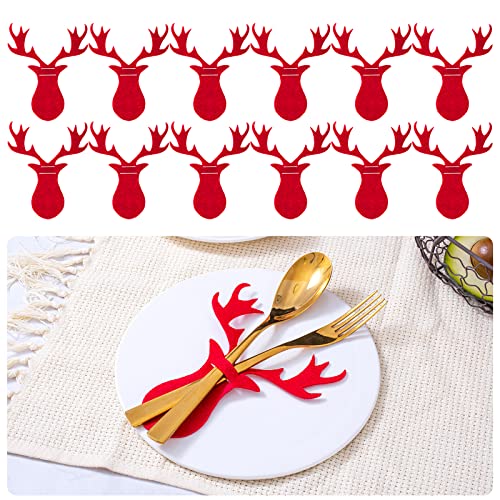 LOINFE 12 Pcs Porte-Couverts de Noël, Sac à Couverts de Noël, Decoration de Table Noel pour Couteau Fourchette Baguettes (rouge élan) Cover