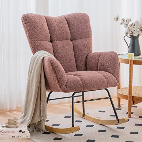 Image of NIOIIKIT Nursery Rocking Chair Teddy Upholstered Glider Rocker Rocking Accent Chair Padded Seat with High Backrest Armchair Comfy Side Chair for Living Room Bedroom Offices (Red Teddy)