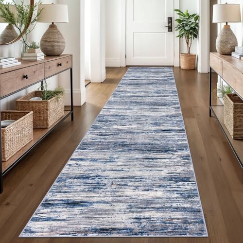 2.6x14 Navy Blue Gray Neutral Multi Modern Abstract Runner Rug for Hallways, Super Soft Hallway Decor Kitchen Rugs with Non-Slip, Non-Shedding Washable Rug for Entryway Bedroom Indoor