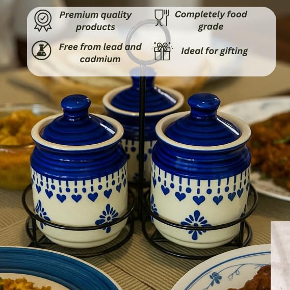 Image of Niyara Handcrafted Ceramic Pickle Jar Set, Spoons & Lids - Multipurpose Storage for Pickles, Chutneys, Spices & Condiments (Set of 3, 300ML /Each with metal tray) (Blue floral design)