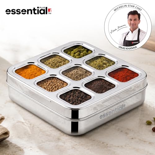 Image of Essential Plus Stainless Steel Multi Use Box, 24cm (150ml), See Through Lid, 9 in 1 Masala Dabba / Spice Box for Kitchen, Square Shape Spice Organizer / Masala Dani with 9 Containers, Easy to Clean