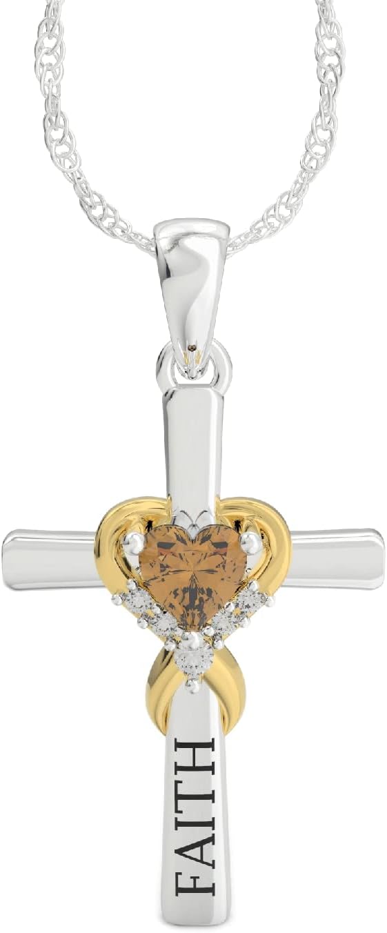 Womens Cross Heart Pendant Necklace Solid 925 Sterling Silver Birthstone Faith Engraved & 18" Rope Chain Natural Gemstone Jewelry with White CZ Gift for Wedding