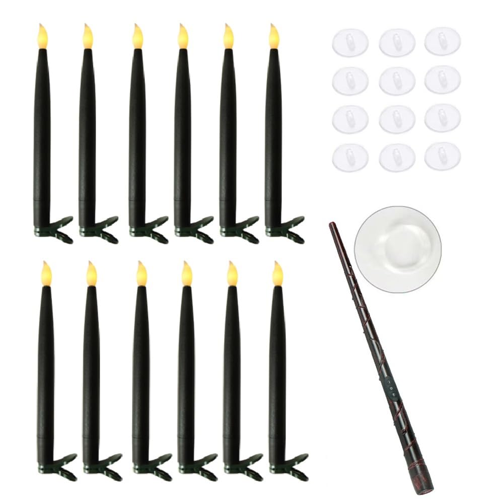 Pluuttiem Hanging Floating Flameless Candles with Wand Flameless Taper Candles LED Candles Warm Light Christmas Candles Black A