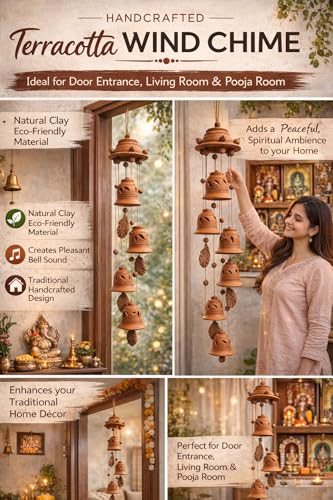 Handcrafted Terracotta Wind Chime Set of 8 Bells, Natural Clay Bell Design with Leaf Accents, Traditional Indian Home Decor for Door Entrance, Living Room, Balcony and Pooja Room