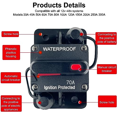Xipupoo 70 Amp Circuit Breaker Resettable Fusewith Manual Reset Switch Button Waterproof 12V-48V DC for Boat Trolling Motor Marine ATV Trailer Vehicles Stereo Audio Electronic Battery Solar System