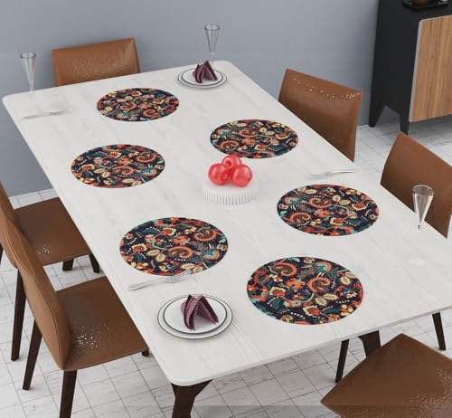 Image of LaVichitra Cotton Table Placemat | Dining Table Mat | Bed Side Table Mat | Cotton Round Shape Placemats | Washable PlaceMat for Shelves & Plant Pots - Pack of 6, Fusion Art