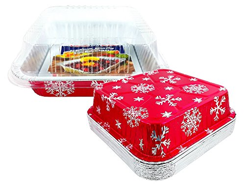 Pactogo Red Holiday Christmas Square Cake Aluminum Foil Pan W/Clear Dome Lid Disposable Baking Tins (Pack Of 10 Sets) #TOP7