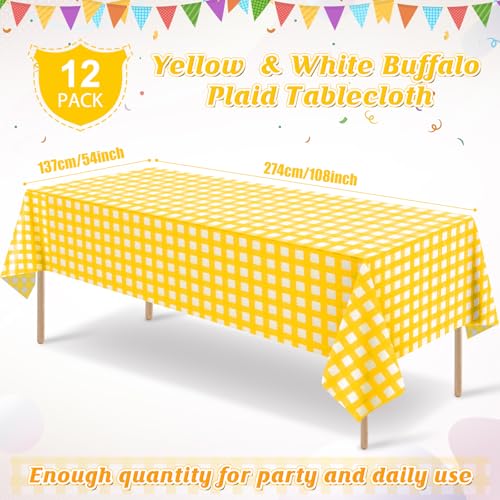 Image of 12Pack Yellow and White Plastic Checkered Tablecloth, Premium Decorative Disposable Yellow Gingham Plaid Table Cloths for Parties, Rectangle Party Table Cover for Picnic Birthday Wedding, 54x108 Inch