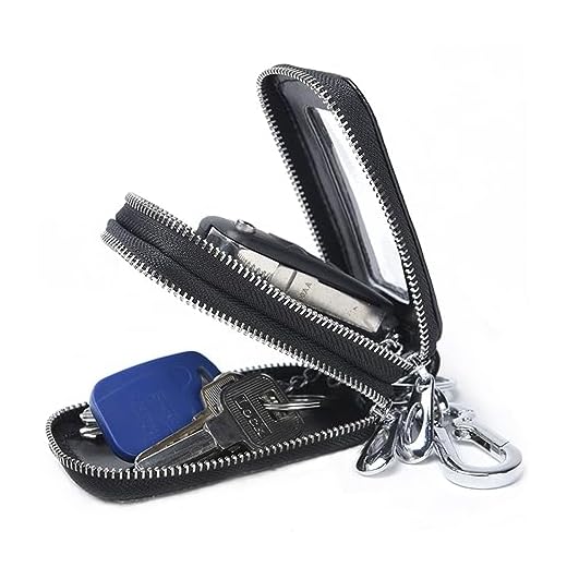 Guolich Faraday - Llavero de piel con doble cremallera, con ventana transparente para control remoto de llaves de coche, soporte para llaves, bolsa Faraday (negro, Negro, L
