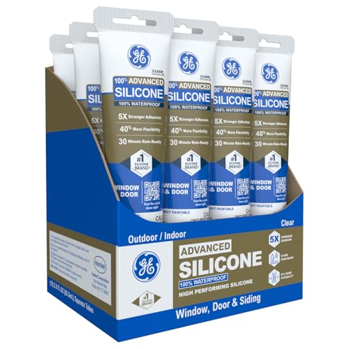Image of GE Advanced Silicone Caulk for Window & Door, Clear, 2.8 fl oz Tube, 12 Pack - 100% Waterproof Silicone Sealant, 5X Stronger Adhesion, Freeze & Sun Proof