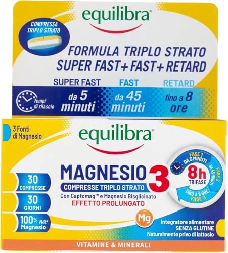 Equilibra, Magnesio 3, Magnesio Bisglicinato, Captomag™, Ossido, Integratore Stanchezza, Affaticamento, Funzione Muscolare, 30 Compresse Triplo Strato con Rilascio Differenziato, Vegan