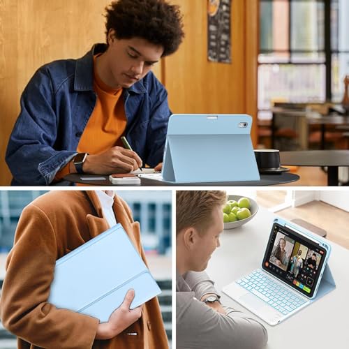 Image of RTSY Keyboard case for iPad A16 (11th) & 10th Gen with Multi Gesture Touchpad & 7-Color Backlit,Multi Viewing Angle,Pencil Slot,Magnetically Detachable Bluetooth Keyboard-Blue /White