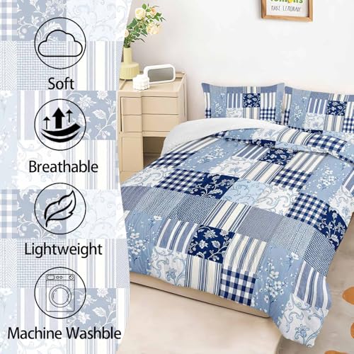 Image of AILONEN Blue Patchwork Comforter Set Queen Size, Plaid Floral Striped Bedding with 2 Pillowcases for Room,3Pcs