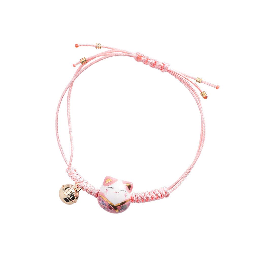 Happyyami Lucky Cat Bracelet Cute Feng Shui Maneki Neko String Bracelet Adjustable Good Luck String Braided Beads Bell Wrist Chain New Year Birthday Mother Day Gift (Pink), 5. 5 x 5. 5 x 1. 5 cm