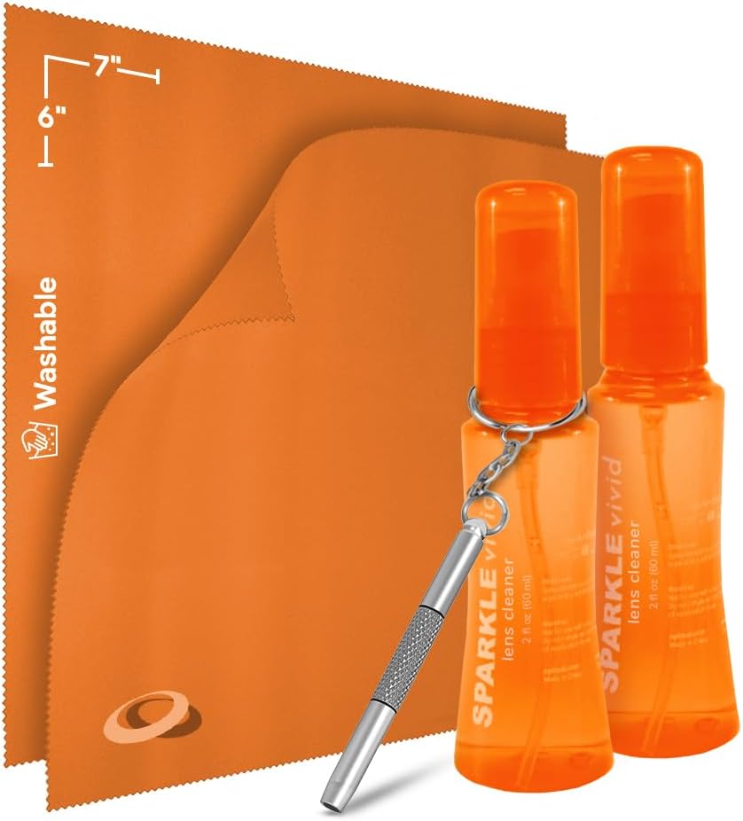 Sparkle Vivid Anti-Reflective Safe Lens Cleaner & Repair Kit – (2) 2oz Glasses Cleaner Spray, (2) Microfiber Cloth & Keychain Screwdriver for Eyeglasses, Sunglasses, Lenses & Screens (5 Piece Set)