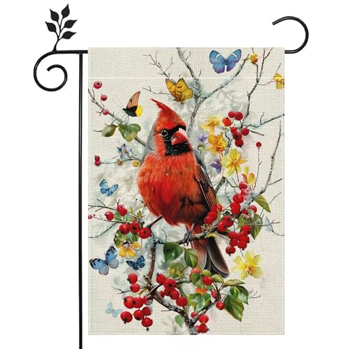 Spring Summer Cardinal Bird Butterfly Floral Garden Flag 12x18 Inch Double Sided Welcome Yard Decor Farmhouse Outdoor Flag for Lawn Patio Porch