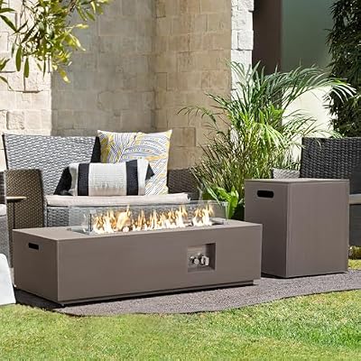 42’’ Propane Fire Pit Table Set with Tank Holder, CSA Certifed 50,000 BTU Outdoor Firepit Table, Wind Guard & Glass Stones, Smoke-Free Rectangular Fire Table for Garden Porch Backyard - Extra Cover