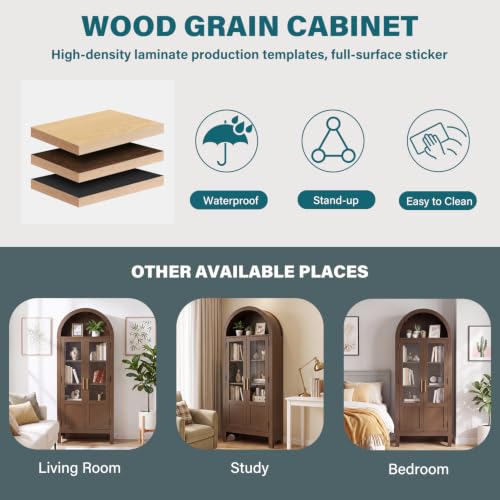 Image of Arched Storage Cabinet with 2 Doors and 5-Tier Shelves for Living Room, 71 inch Tall Wooden Pantry Cabinet for Dining Room and Kitchen, Floor Bathroom Organizer, Brown